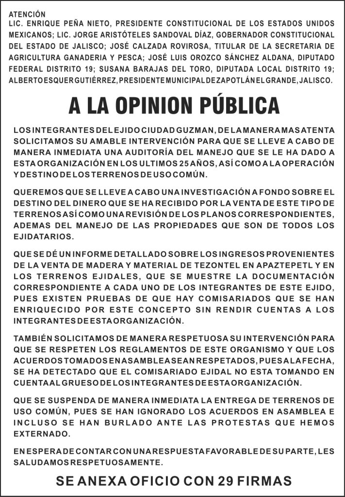 DESPLEGADO EJIDATARIOS